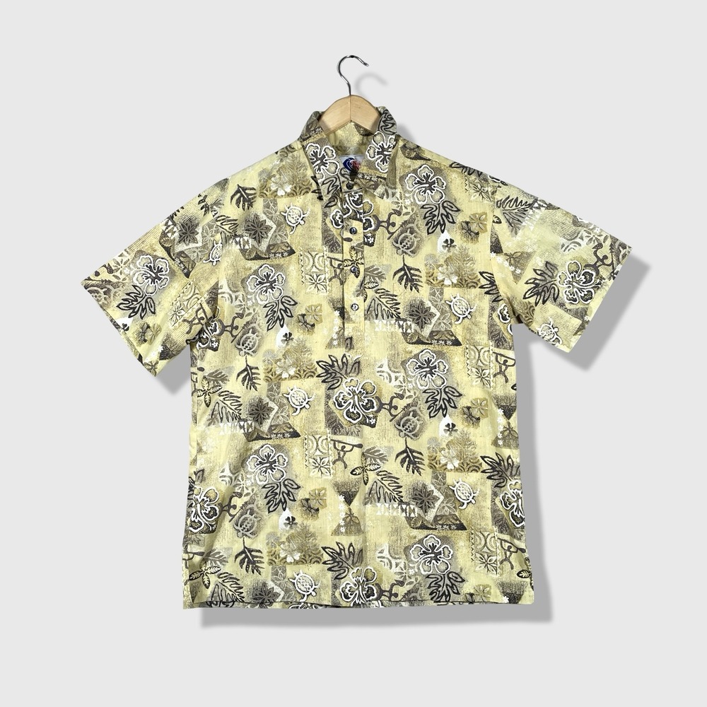 Nui Nalu Hawaiian Shirt Men‎ L Yellow Floral Hibiscus Turtle Aloha Tiki Vacation